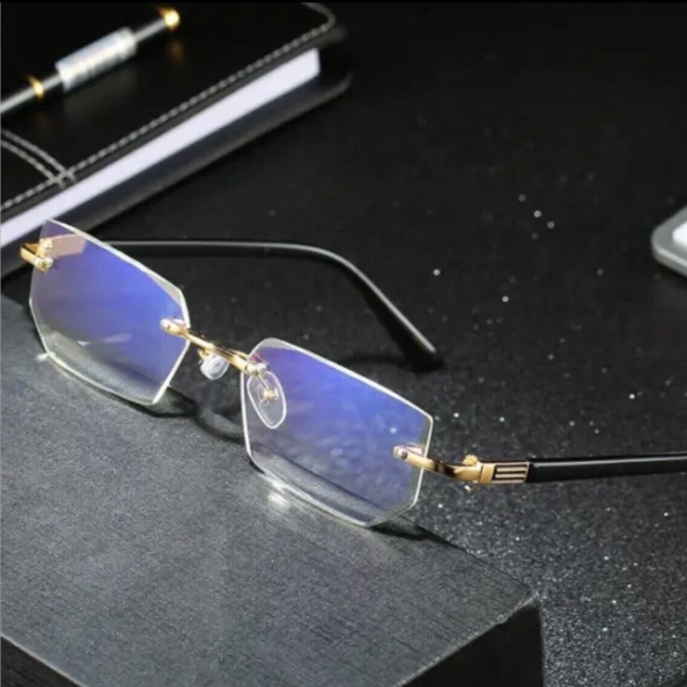 Mens Eye Glasses Clear Lens Rimless Small Reflective Square Silver Frame Fashion